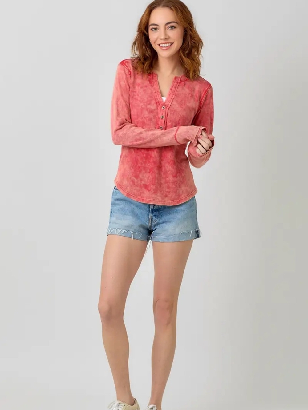 Mystree Women's Washed Henley Long Sleeve Top Size S Red Casual